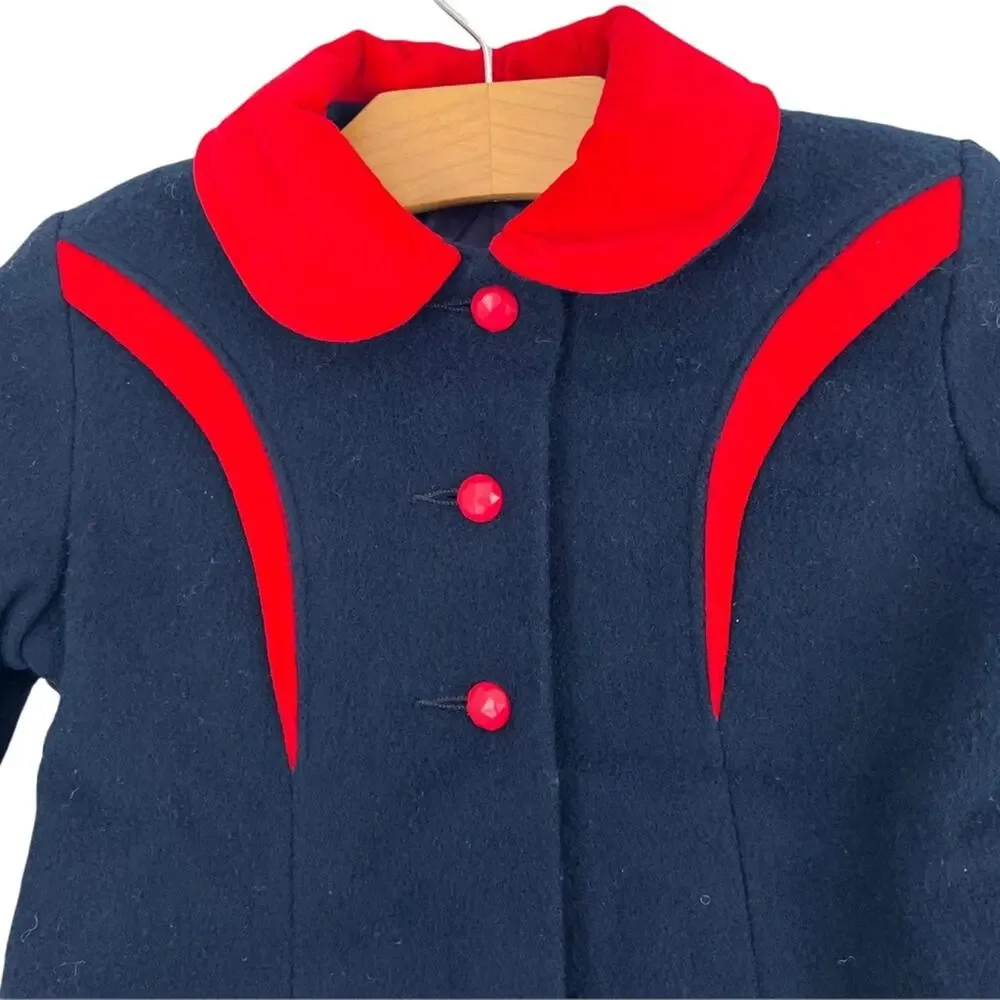 Vtg Rothschild Pea Coat Jacket Wool Navy Blue Red Button Front Union Made Sz S